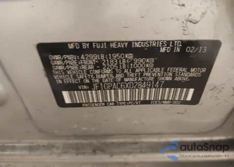 2013 Subaru Impreza 2.0I Premium z USA, uszkodzony, nr VIN JF1GPAC6XD2849147